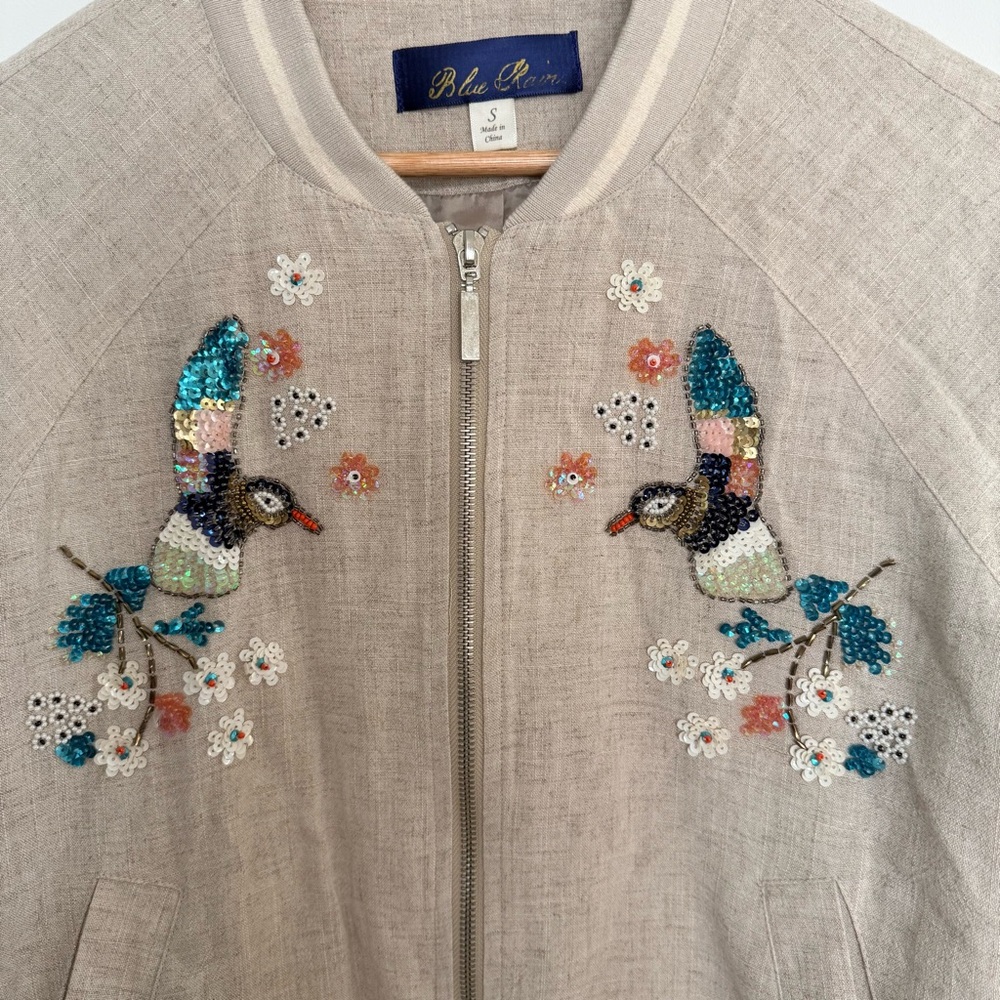 Anthropologie Blue Rain Sequin Hummingbird Bomber Jacket Size Small (S) - Picture 14 of 15